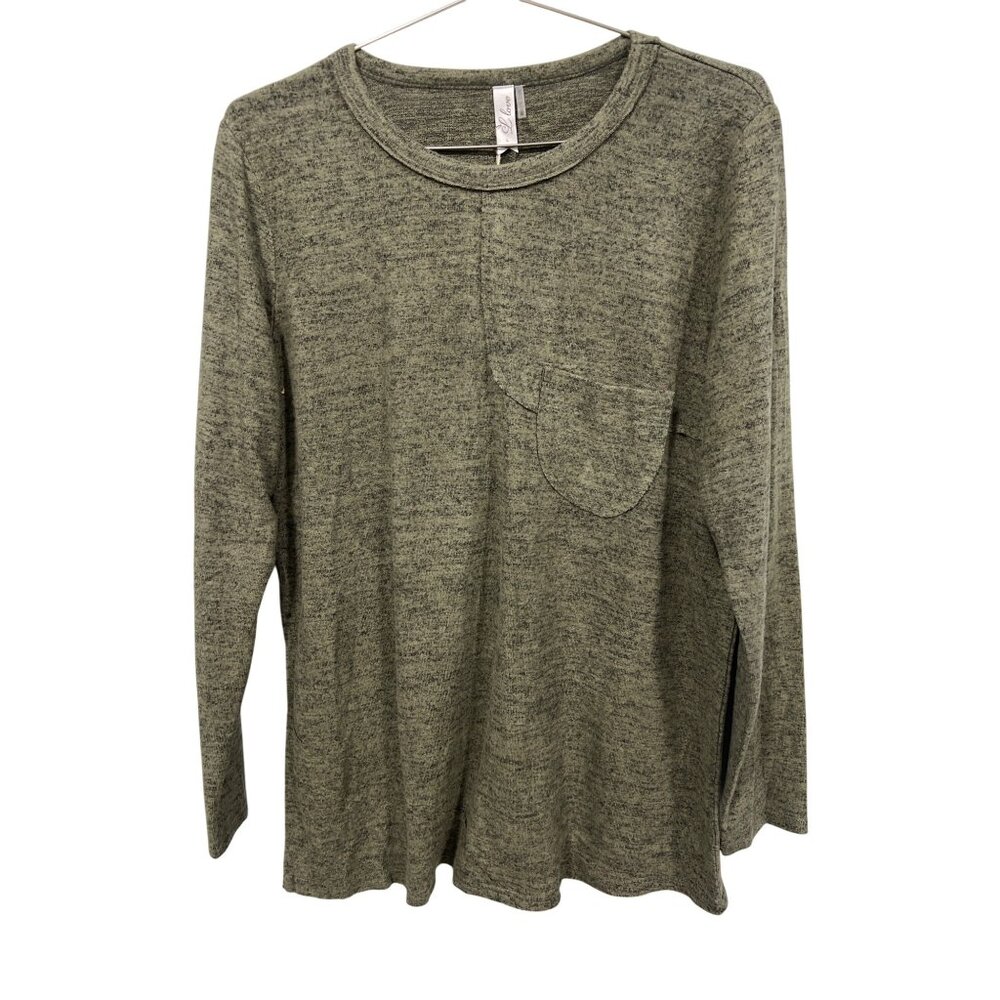 I Love Crewneck Pullover Sweater Womens Large Long Sleeve Olive Green Cozy Knit